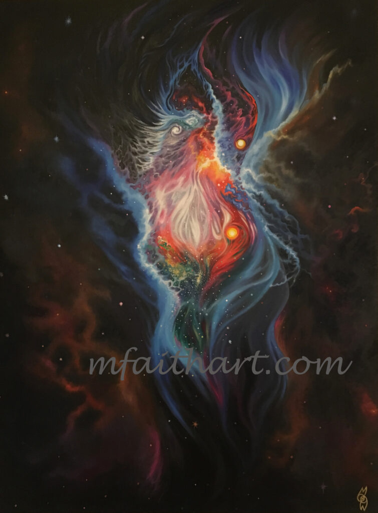 'Gateway to the Deep Things', oil painting of a glowing blue, red and white nebula form in dark space