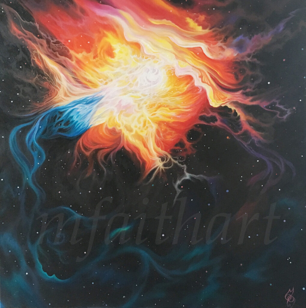 'Eta Carinae/Glory Spill', oil painting of an orange, white and blue nebula bursting across a starry black sky