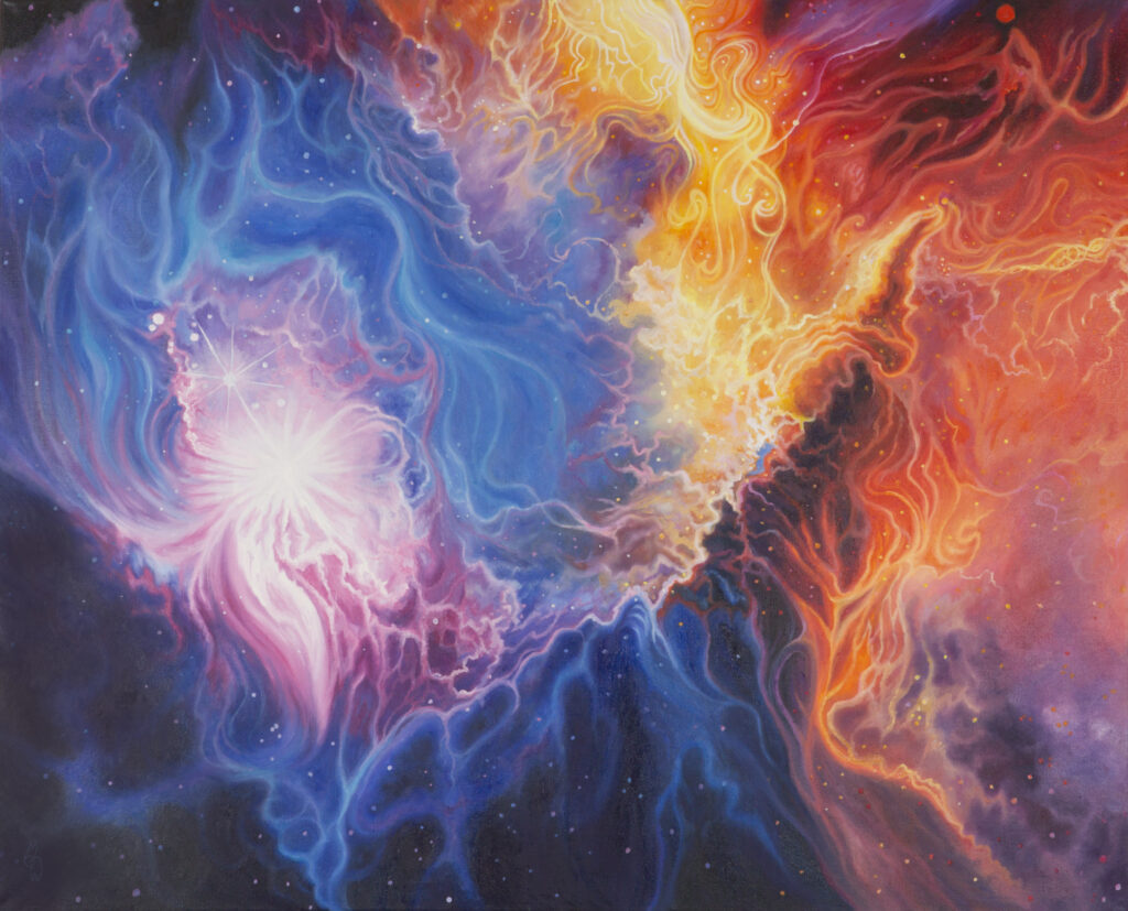 'Heavenly Realms', oil painting of a nebula with fiery orange flames meeting swirling blue and violet clouds