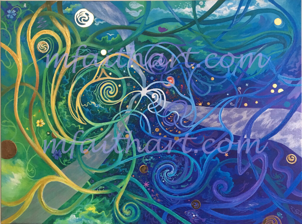 'Hidden Layer', acrylic and gold leaf painting of swirling green, gold and blue interwoven threads