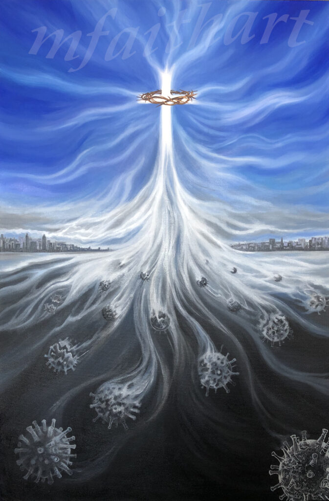 'Hope in the Time of Coronavirus', oil painting of a radiant cross with crown of thorns above virus particles