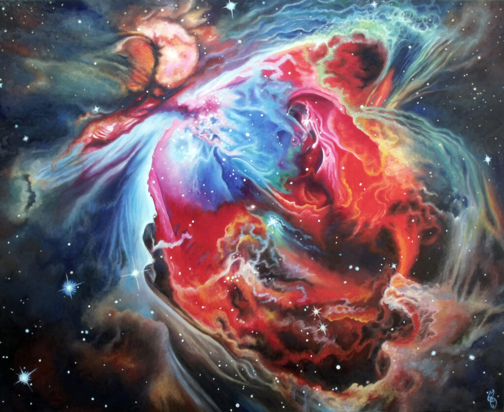'Inside the Orion Nebula', oil painting of swirling red, blue and orange nebula clouds among stars