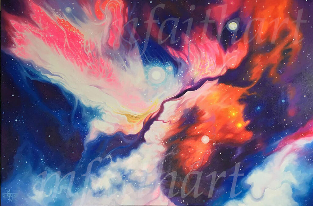 'Ripples of Heaven', oil painting of a pink, white and orange nebula against deep blue starry space