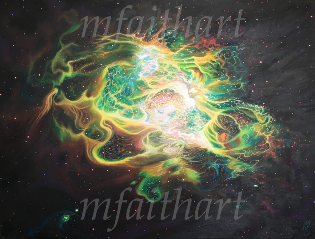 'Forming Stars', oil painting of a bright green and gold nebula against a dark starry sky