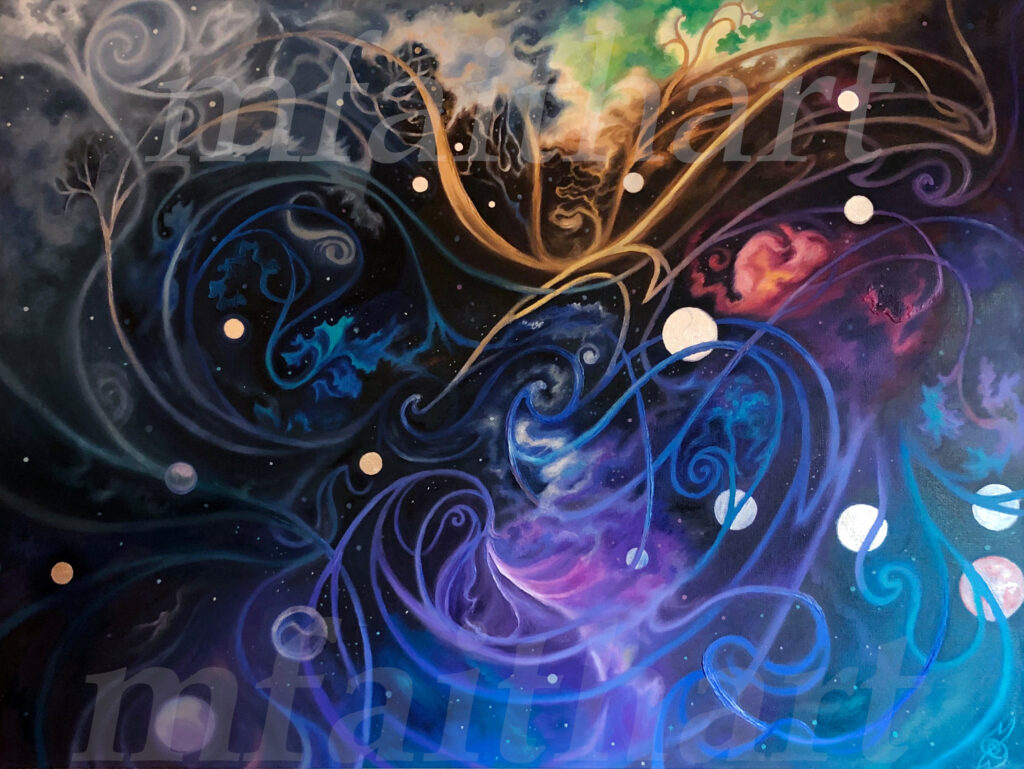 'Underneath Everything', oil and silver leaf painting of swirling blue and purple cosmic tendrils, glowing orbs and trees