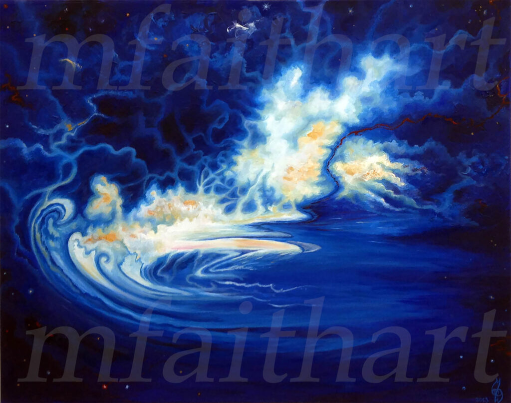 'Journey Through Obscurity', acrylic painting of glowing white and gold clouds swirling through deep blue space