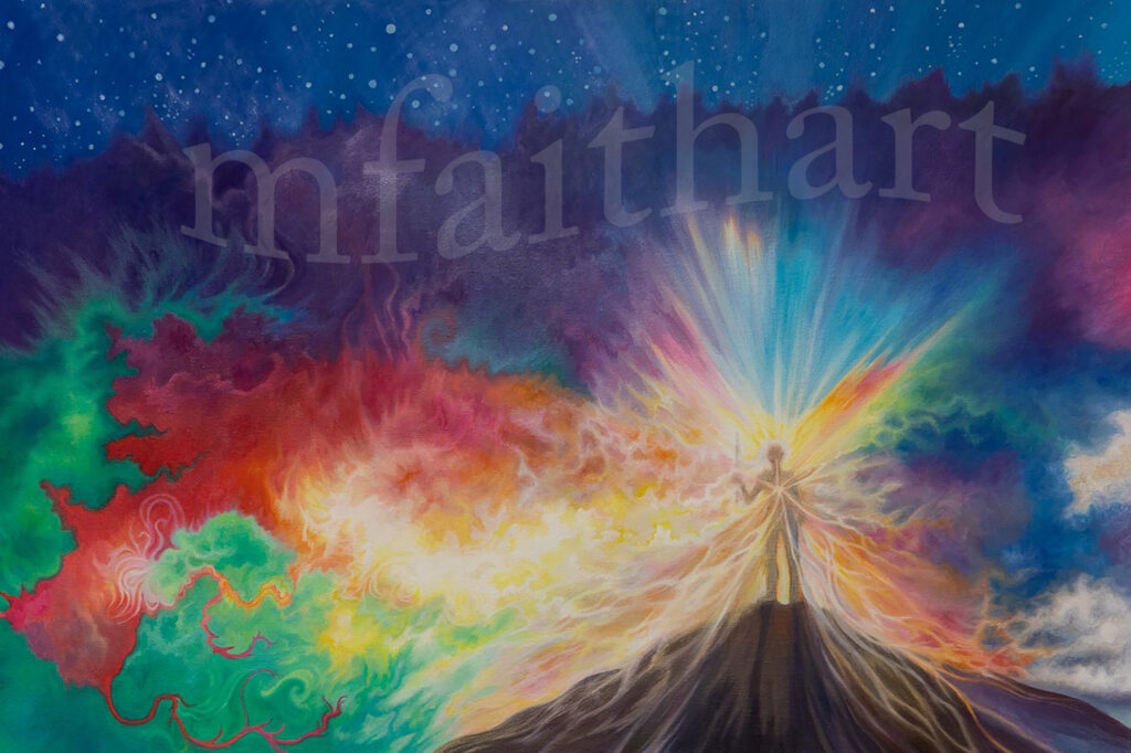'Like a Mighty Warrior', oil painting of a figure on a mountaintop bursting with rainbow light under stars