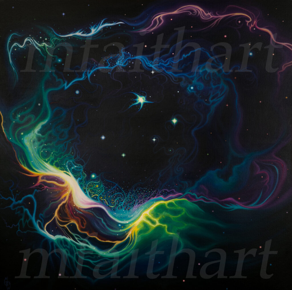 'Shimmering Threads', oil painting of glowing blue, green and gold nebula threads on a starry black sky