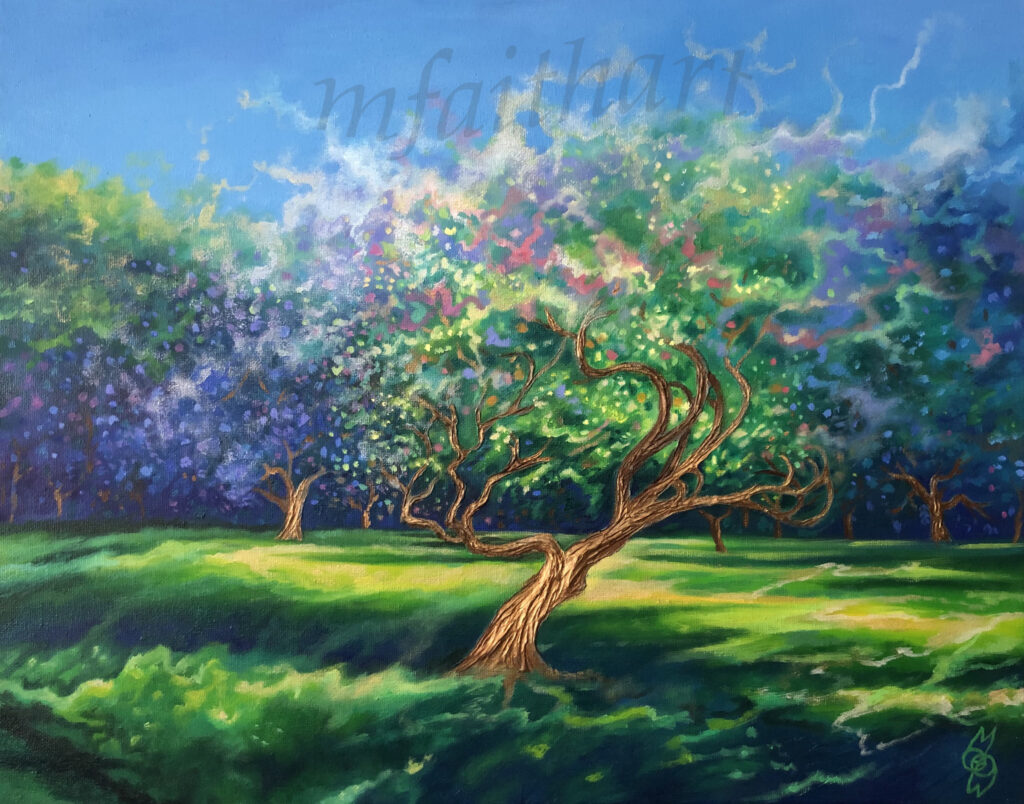 'A Place Of Restoration', oil painting of a twisted tree with glowing green foliage in a sunlit orchard