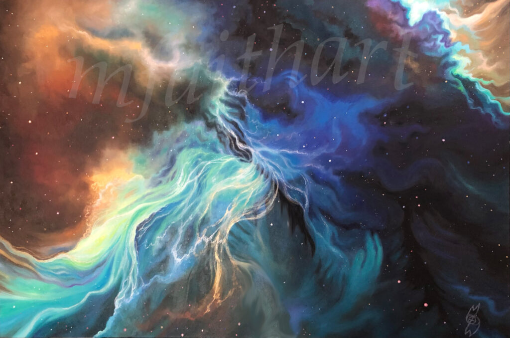 'Cosmic Embrace', oil painting of swirling turquoise, blue and orange nebula clouds among stars