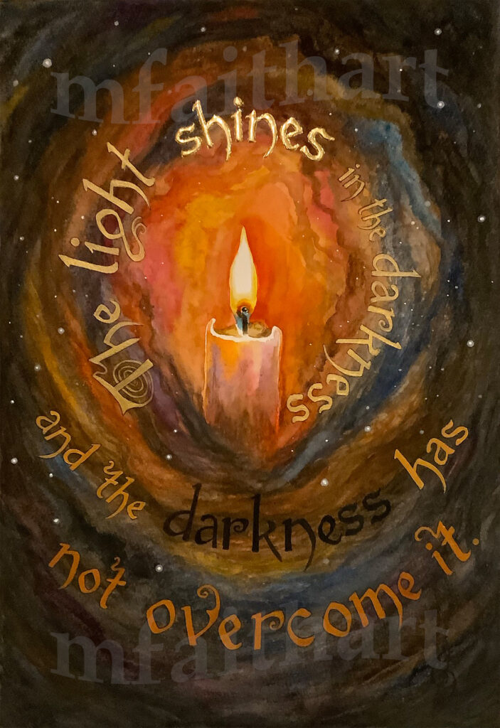 'The Light Shines in the Darkness', watercolour and gold leaf of a lit candle with the verse lettered in a spiral around it