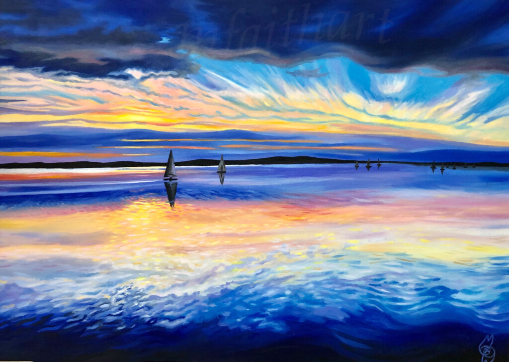 'Marine Lake, West Kirby', oil painting of sailing boats on still water under a vivid sunset sky