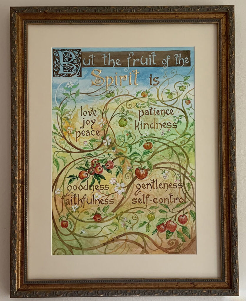 'Fruit Of The Spirit', framed watercolour and gold leaf lettering of Galatians' fruit of the Spirit among apple branches