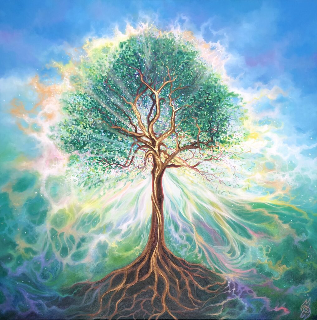 'Harmonious Tree', painting of a golden-trunked tree with green leaves and roots, glowing against swirling blue and green light