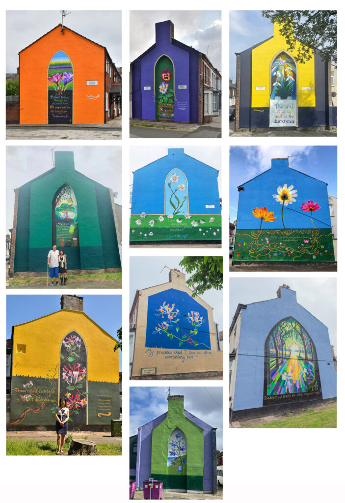 Ten of the Flower Streets murals on gable ends in Kirkdale, Liverpool, with arched flower and garden designs
