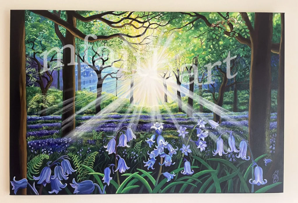 'Bluebell Woods', acrylic painting of sunbeams through woodland trees, with bluebells and ferns in the foreground