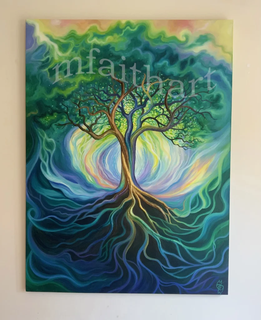 'Energising Tree', oil painting of a tree with glowing light behind its trunk and swirling roots