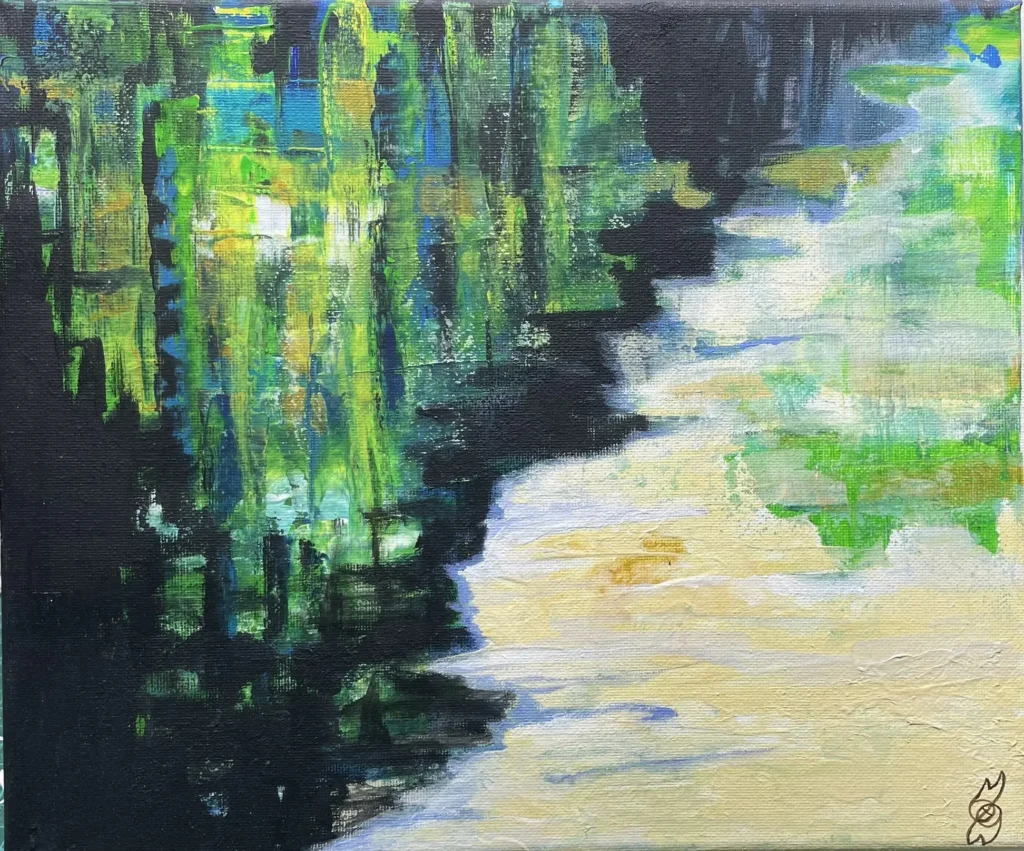 'River Spey Reflections', acrylic painting of a pale river winding past dark green reflected trees